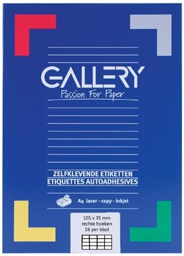 Gallery witte etiketten ft 105 x 35 mm, rechte hoeken, 16 per blad