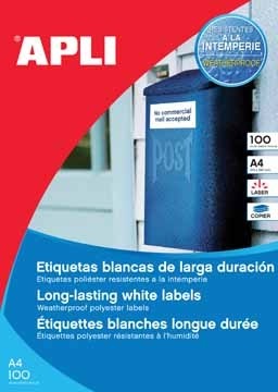 Apli waterbestendige etiketten ft 210 x 297 mm, 100 stuks, 1 per blad, doos van 100 blad