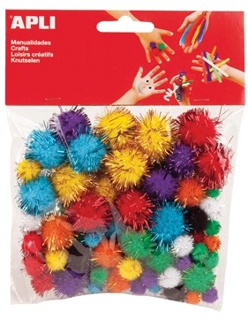 Apli gekleurde glitter pompons, pak van 78 stuks
