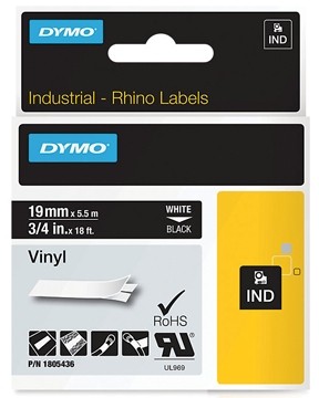 RHINO tape vinyl, ft 19 mm x 5,5 m, wit op zwart