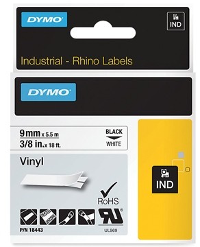Dymo RHINO tape vinyl, ft 9 mm x 5,5 mm, zwart op wit