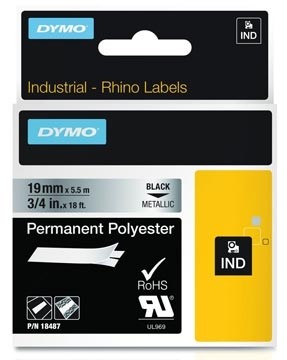 Dymo RHINO tape permanent polyester 19 mm, zwart op metaal 