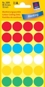 AVERY Ronde etiketten diameter 18 mm, geassorteerde kleuren, 96 stuks