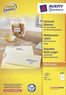 AVERY Witte universele etiketten QuickPeel ft 105 x 74 mm, 800 stuks, 8 per blad, doos van 100 blad