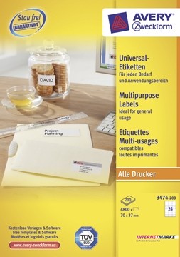 AVERY Witte universele etiketten QuickPeel ft 70 x 37 mm, 4.800 stuks, 24 per blad, doos van 200 blad