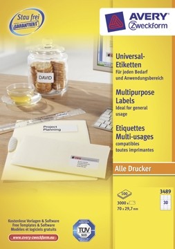 AVERY Witte universele etiketten QuickPeel ft 70 x 29,7 mm, 3.000 stuks, 30 per blad, doos van 100 blad