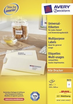 AVERY Witte universele etiketten QuickPeel ft 210 x 148 mm, 200 stuks, 2 per blad, doos van 100 blad
