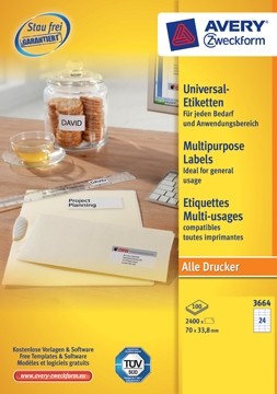 AVERY Witte universele etiketten QuickPeel ft 70 x 33,8 mm, 2.400 stuks, 24 per blad, doos van 100 blad