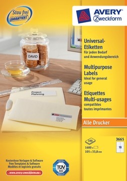 AVERY Witte universele etiketten QuickPeel ft 105 x 33,8 cm, 1.600 stuks, 16 per blad, doos van 100 s...