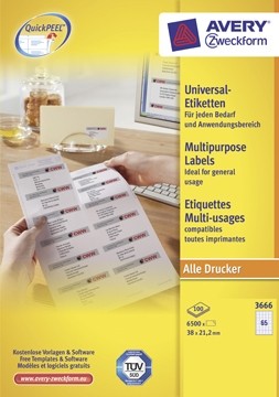 AVERY Witte universele etiketten QuickPeel ft 38 x 21,2 mm, 6.500 stuks, 65 per blad, doos van 100 blad