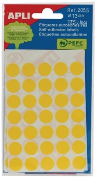 Apli ronde etiketten in etui diameter 13 mm, geel, 175 stuks, 35 per blad (2055)