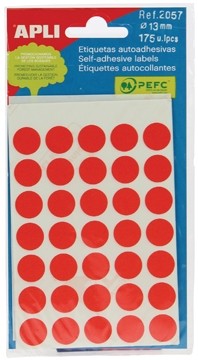 Apli ronde etiketten in etui diameter 13 mm, rood, 175 stuks, 35 per blad (2057)