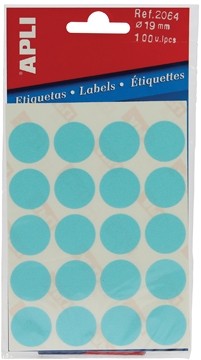 Apli ronde etiketten in etui diameter 19 mm, blauw, 100 stuks, 20 per blad (2064)
