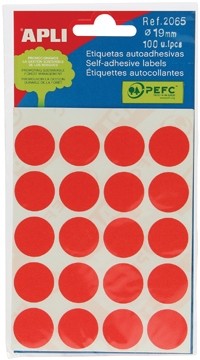 Apli ronde etiketten in etui diameter 19 mm, rood, 100 stuks, 20 per blad (2065)