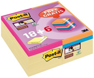 Post-it® Super Sticky Notes voordeelpakken Voordeelpak 18+6 gratis. 76 x 76 mm