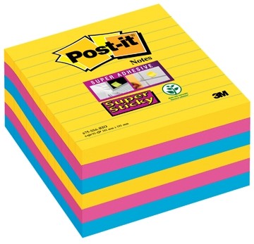 Post-it Super Sticky Notes, kleurenset Rio, Formaat 101 x 101 mm, gelijnd, 90 blaadjes