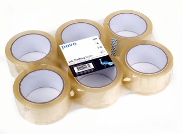 Huismerk Tape transparant PP LOW NOISE PAK van 6 rollen 50mm x 66 meter per Rol