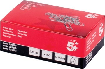 5 Star paperclips / papierklemmen 32 mm gepunt, doos van 100 stuks 