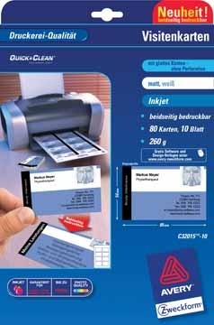AVERY visitekaarten voor inkjet Quick&Clean mat, 80 kaartjes, 260 g/m ²