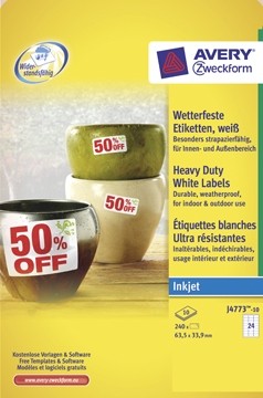 Avery Weerbestendige etiketten ft 63,5 x 33,9 mm, 24 etiketten per blad, 240 etiketten per doos, 10 ve...