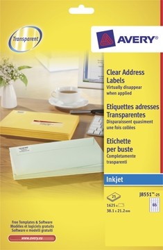 AVERY mini-etiketten ft 38,1 x 21,2 mm, 1.625 stuks, doos van 25 blad, transparant, geschikt voor inkj...