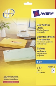 AVERY Transparante etiketten QuickPEEL ft 63,5 x 38,1 mm, 525 stuks, 21 per blad PAK5