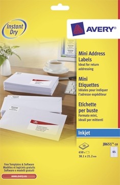 AVERY mini-etiketten ft 38,1 x 21,2 mm, 650 stuks, doos van 10 blad, wit, geschikt voor inkjetprinters