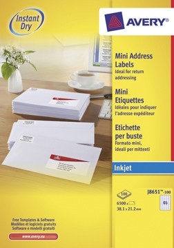 AVERY mini-etiketten ft 38,1 x 21,2 mm, 6.500 stuks, doos van 100 blad, wit, geschikt voor inkjetprinters