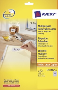 AVERY afneembare witte etiketten Stick & Lift ft 25,4 x 10 mm, 4.725 stuks, 189 per blad