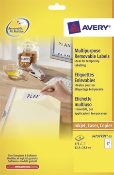 AVERY afneembare witte etiketten Stick & Lift ft 63,5 x 29,6 mm, 675 stuks, 27 per blad