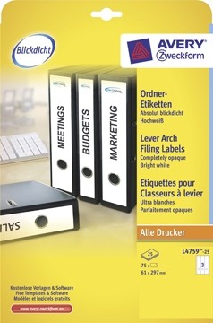 AVERY Printbare rugetiketten 'Block Out ft 29,7 x 6,1 cm, doos van 25 blad, 75 stuks, wit