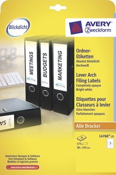 AVERY Printbare rugetiketten 'Block Out ft 19,2 x 3,8 cm, doos van 25 blad, 175 stuks, wit