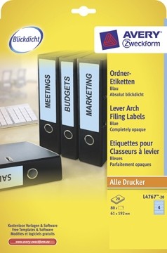 AVERY Printbare rugetiketten 'Block Out ft 19,2 x 6,1 cm, doos van 20 blad, 80 stuks, blauw