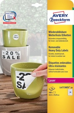 Avery afneembare weerbestendige etiketten Ft 63,5 x 33,9 mm, wit, doos van 480 etiketten