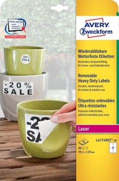 Avery afneembare weerbestendige etiketten Ft 99,1 x 139 mm, wit, doos van 80 etiketten