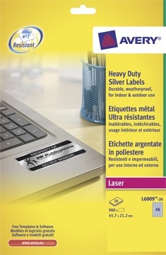 AVERY ultrasterke zilverkleurige etiketten ft 45,7 x 21,2 mm, 960 stuks