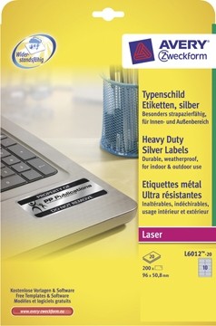 AVERY ultrasterke zilverkleurige etiketten ft 96 x 50,8 mm, 200 stuks