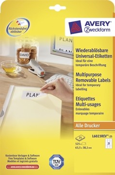 AVERY afneembare witte etiketten Stick & Lift ft 63,5 x 38,1 mm, 525 stuks, 21 per blad