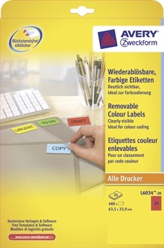 AVERY Afneembare neon etiketten ft 63,5 x 33,9 mm, doos van 20 blad, 480 stuks, rood