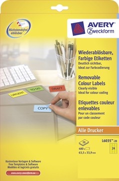 AVERY afneembare, gekleurde etiketten ft 63,5 x 33,9 mm, 480 stuks, geel