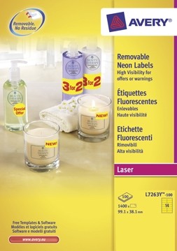 AVERY Afneembare neon etiketten ft 99,1 x 38,1 mm, doos van 100 blad, 1.400 stuks, neongeel