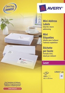 AVERY mini-etiketten ft 45,7 x 25,4 mm, 4.000 stuks, doos van 100 blad, geschikt voor laser- en inkjet...
