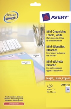 AVERY mini-etiketten ft 46 x 11,1 mm, 2.100 stuks, 84 per blad, doos van 25 blad, geschikt voor laser-...