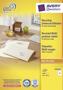 AVERY gerecycleerde etiketten ft 105 x 48 mm, 1.200 stuks, 12 per blad