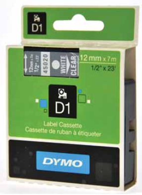 LETTERTAPE DYMO 45020 D1 12MMX7M POLY TRANSP/WIT