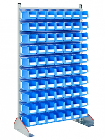 Staande magazijnrekken enkelzijdig b 1130 x d 500 x h 1885 mm 70 bakken x 3 liter  in blauw