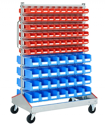 Trolley v magazijnbakken tweezijdig b 1130 x d 710 x h 1705 mm 120 x 07 l rood 56 x 75 l blauw
