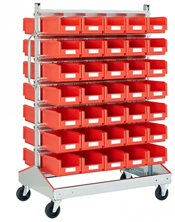 Trolley v magazijnbakken tweezijdig b 1130 x d 710 x h 1705 mm 70 x 75 l rood