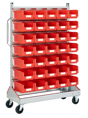 Trolley voor magazijnbakken enkelzijdig b 1130 x d 510 x h 1705 mm 35 x 75 l rood