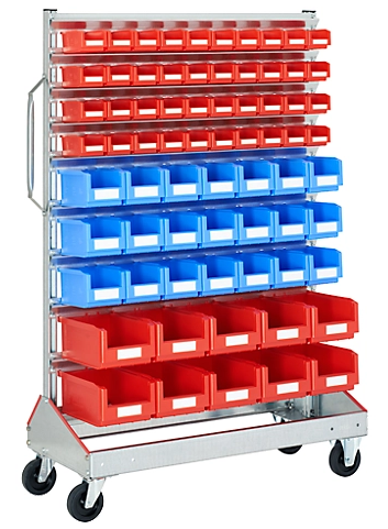 Trolley voor magazijnbakken enkelzijdig b 1130 x d 510 x h 1705 mm 40 x 07 l rood 21 x 3 l blauw 10 x 75 l rood
